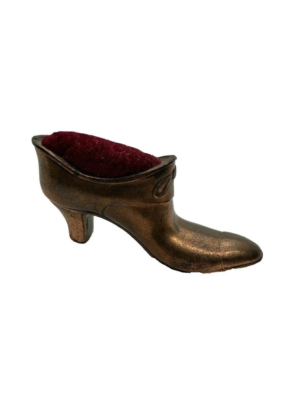 Antique Victorian Cast Metal High Heel Shoe Pin Cushion Red Velvet Bronze Finish